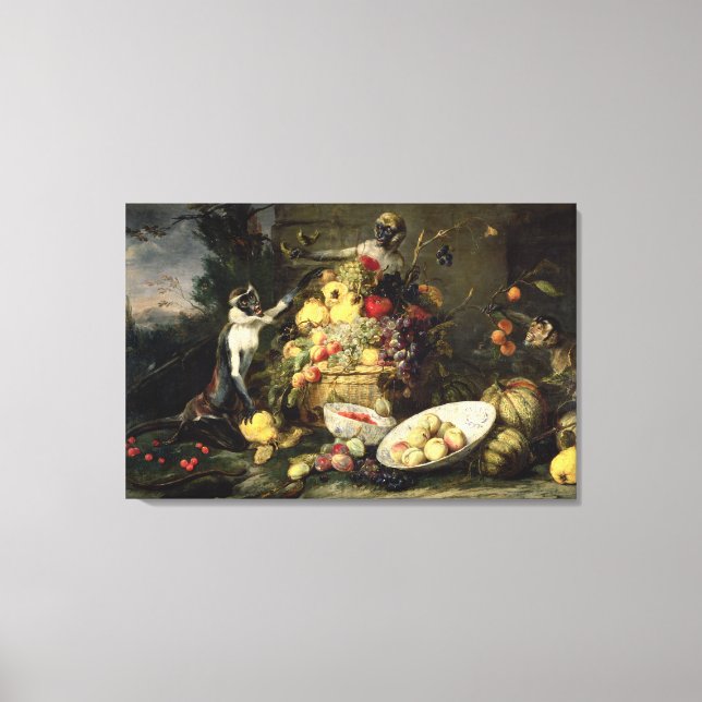 Three Monkeys Stealing Fruit (oil on canvas) Canvas Print (Front)