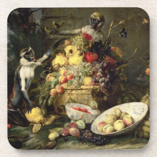 Three Monkeys Stealing Fruit (oil on canvas) Coaster