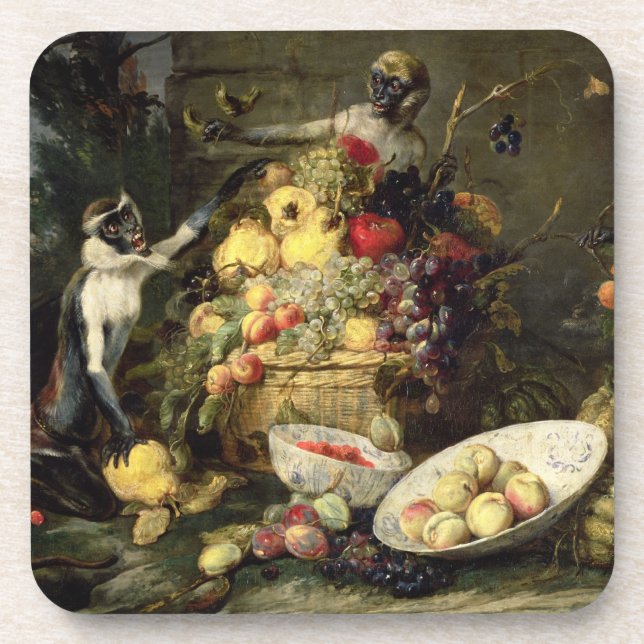 Three Monkeys Stealing Fruit (oil on canvas) Coaster (Front)