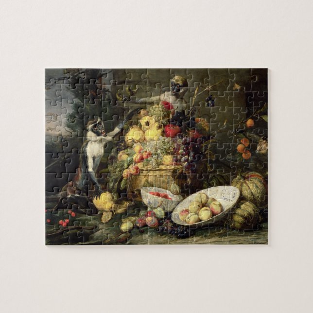 Three Monkeys Stealing Fruit (oil on canvas) Jigsaw Puzzle (Horizontal)