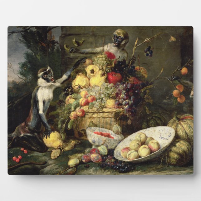 Three Monkeys Stealing Fruit (oil on canvas) Plaque (Front)