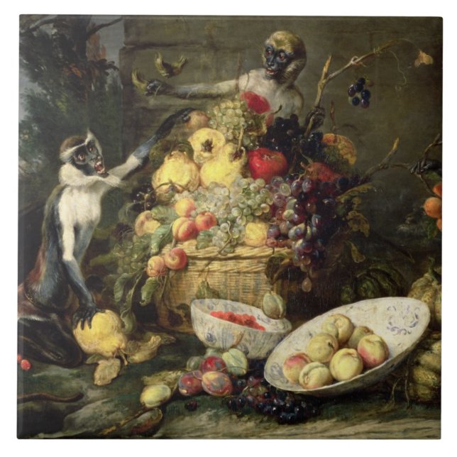 Three Monkeys Stealing Fruit (oil on canvas) Tile (Front)