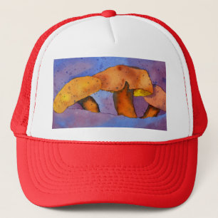 Three mushroom,  toadstool, fungi in orange & blue trucker hat
