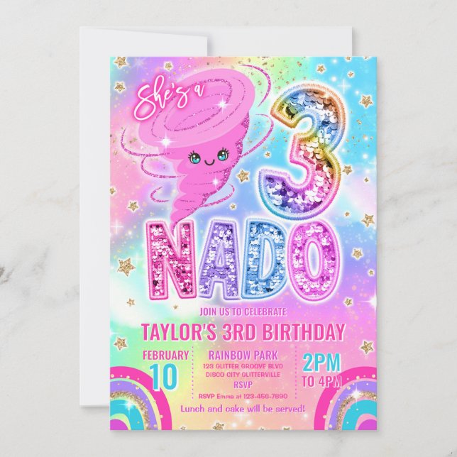Three Nado Rainbow Glitter 3rd Birthday Party  Invitation (Front)