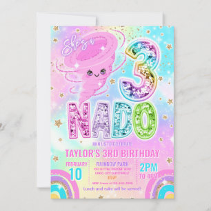 Three Nado Rainbow Glitter 3rd Birthday Party  Invitation