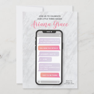 Three-nager Girl's Third Birthday Invitation