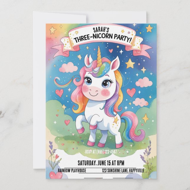 Three-nicorn 3rd Birthday Invitation – Unicorn (Front)