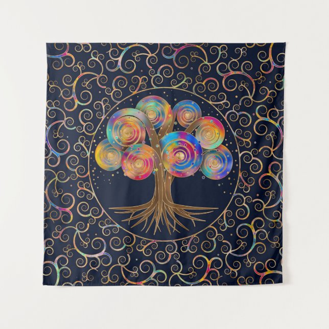Three of life - colourful spiral branches tapestry (Front)