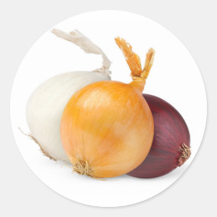 Three onions of various colours classic round sticker