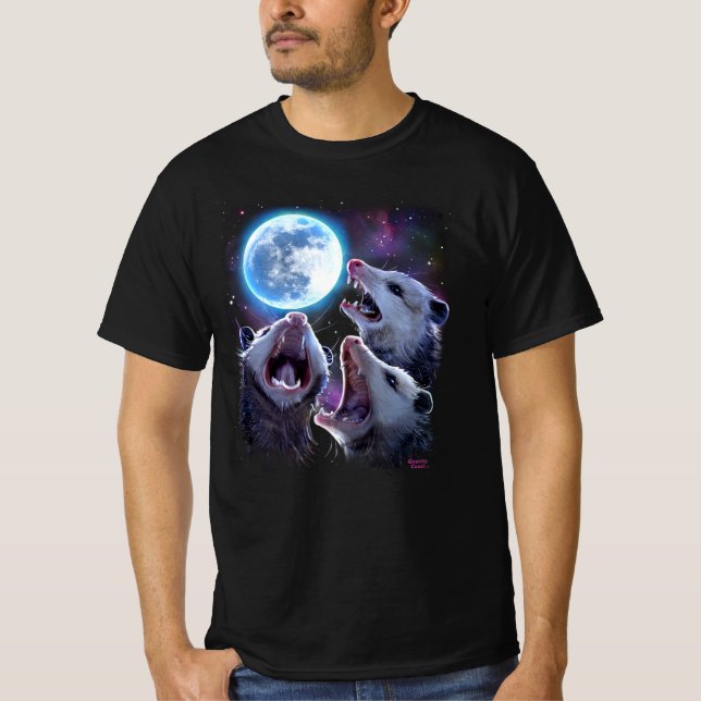 Three Opossums Howling at the Moon Funny Possum T-Shirt (Front)