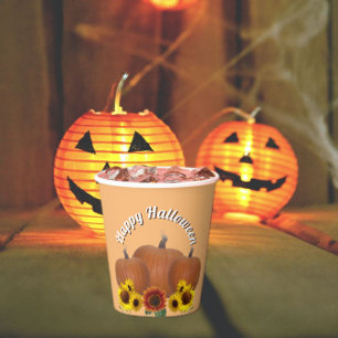 Three Orange Pumpkins and Sunflowers Halloween  Paper Cups