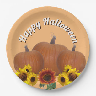 Three Orange Pumpkins with Sunflowers Halloween Paper Plate