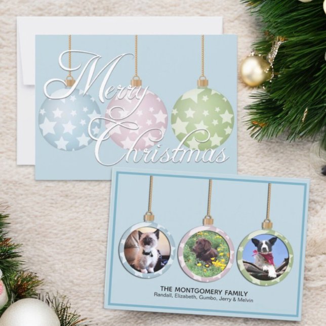 Three Ornament Pet Photo Christmas Holiday Card (front and back custom photo non-traditional colors Christmas flat card)