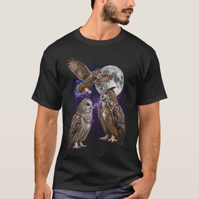 Three Owl Moon Galaxy Retro Graphic T-Shirt (Front)