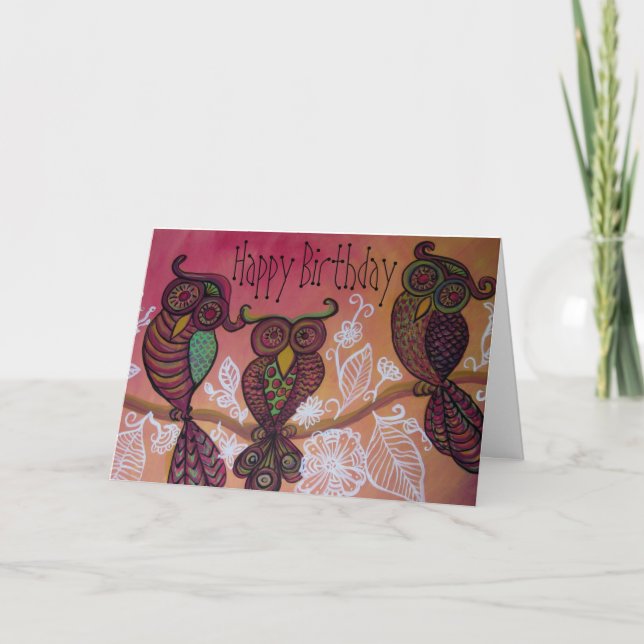 Three owls happy birthday card (Front)