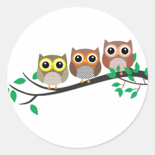 Three Owls on a Tree Branch cute drawing Classic Round Sticker
