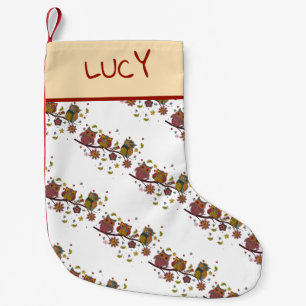 Three owls on branch small christmas stocking
