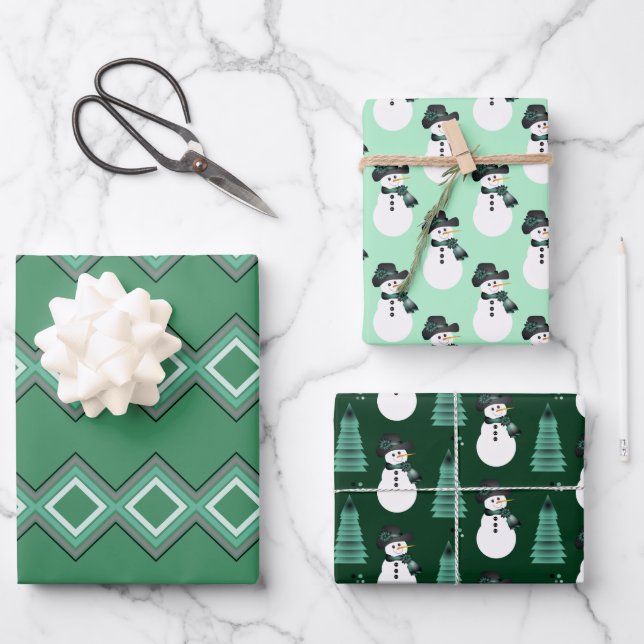 Three Patterned Snowman Designs Wrapping Paper Sheet (Front)