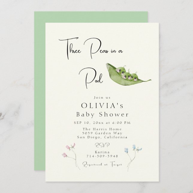 Three Peas in a Pod Baby Shower Invitation (Front/Back)