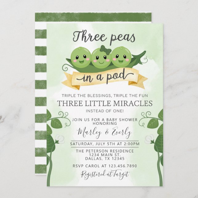 Three Peas in a Pod Baby Shower Invitation Triplet (Front/Back)