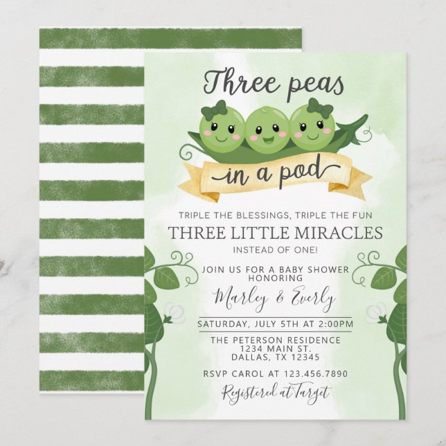 Three Peas in a Pod Baby Shower Invitation Triplet (Front/Back)
