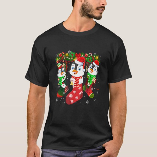 Three Penguin In Sock Christmas Cute Santa Hat T-Shirt (Front)