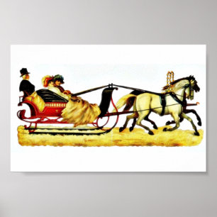 Three persons riding on a horse coach poster
