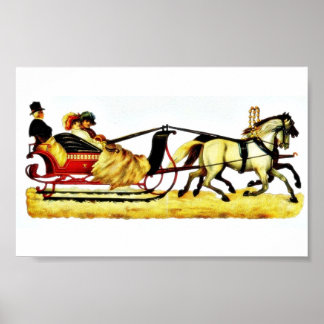 Three persons riding on a horse coach poster