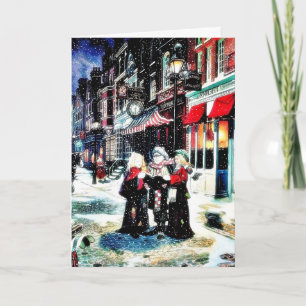 Three persons standing on a street singing christm holiday card