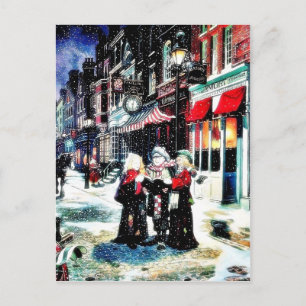 Three persons standing on a street singing christm holiday postcard