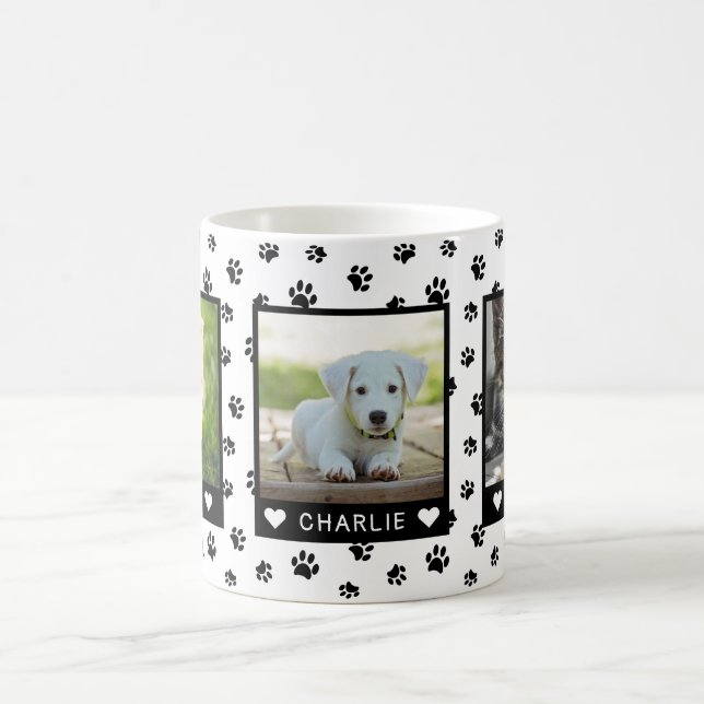 Three Pet Photos Names Black Paw Prints Custom Coffee Mug (Center)