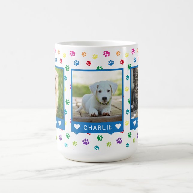 Three Pet Photos Names Blue Colourful Paw Prints Coffee Mug (Center)