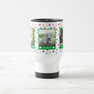 Three Pet Photos Names Green Colourful Paw Prints Travel Mug