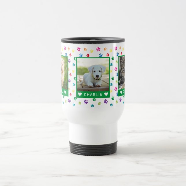 Three Pet Photos Names Green Colourful Paw Prints Travel Mug (Center)