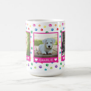 Three Pet Photos Names Pink Colourful Paw Prints Coffee Mug