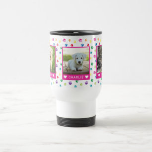 Three Pet Photos Names Pink Colourful Paw Prints Travel Mug