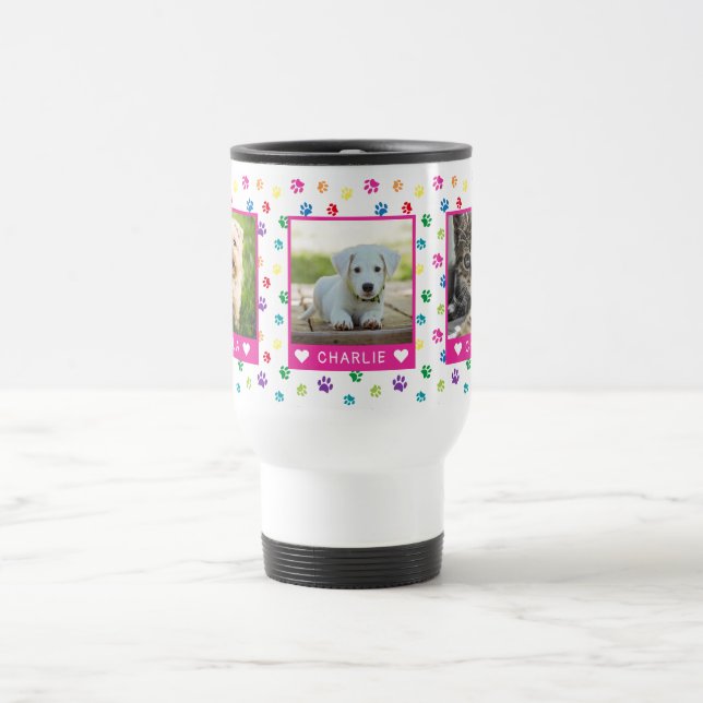 Three Pet Photos Names Pink Colourful Paw Prints Travel Mug (Center)