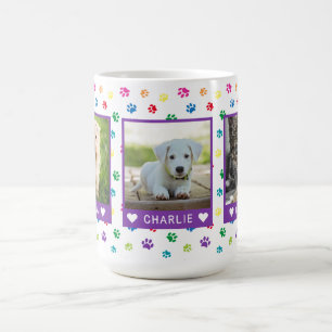 Three Pet Photos Names Purple Colourful Paw Prints Coffee Mug