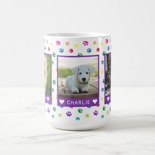 Three Pet Photos Names Purple Colourful Paw Prints Coffee Mug (Center)