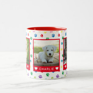 Three Pet Photos Names Red Colourful Paw Prints Two-Tone Coffee Mug