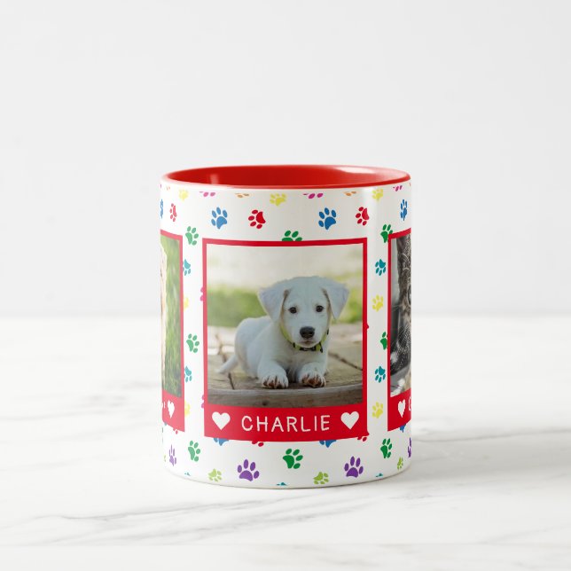 Three Pet Photos Names Red Colourful Paw Prints Two-Tone Coffee Mug (Center)