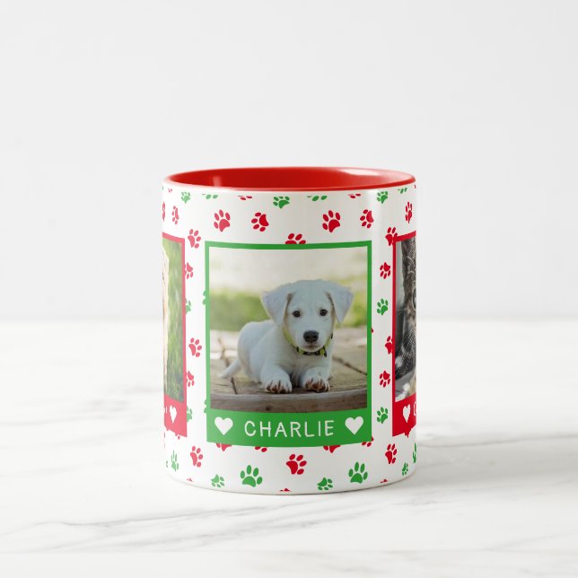 Three Pet Photos Names Red Green Paw Prints Two-Tone Coffee Mug (Center)