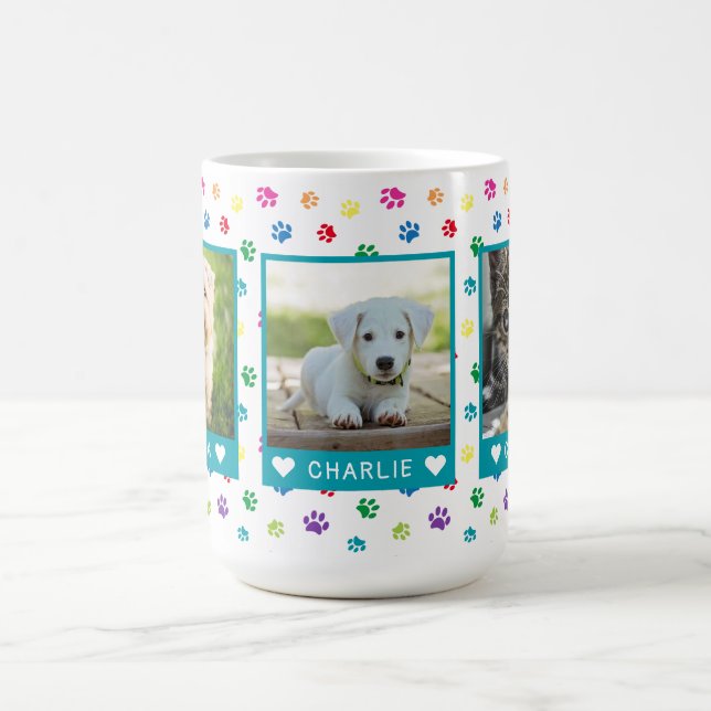 Three Pet Photos Names Teal Colourful Paw Prints Coffee Mug (Center)