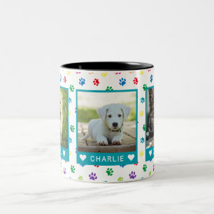 Three Pet Photos Names Teal Colourful Paw Prints Two-Tone Coffee Mug