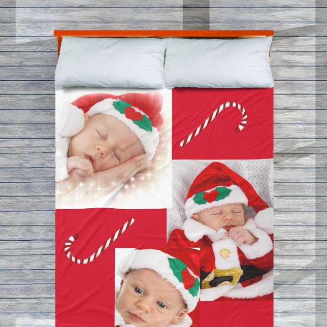 Three Photo Baby 1st Christmas Family Candy Canes Fleece Blanket (Creator Uploaded)