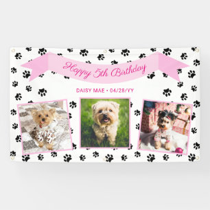 Three Photo Black Paw Prints Pink Pet Birthday Banner