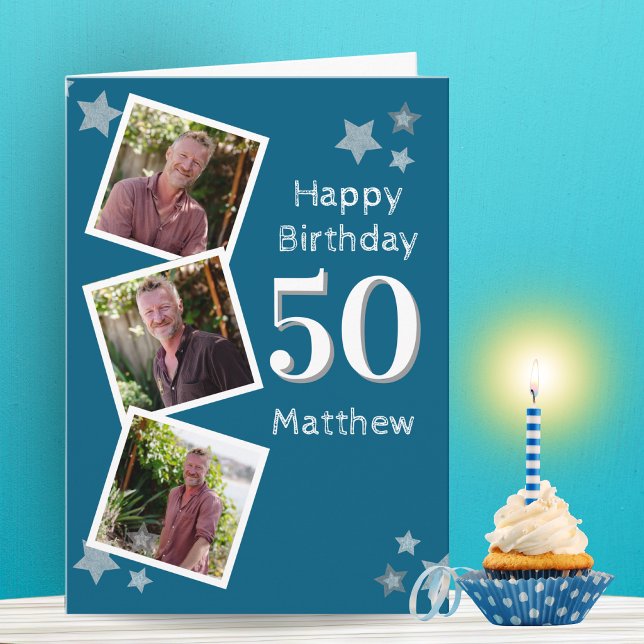 Three Photo Blue Stars Birthday Card (Creator Uploaded)