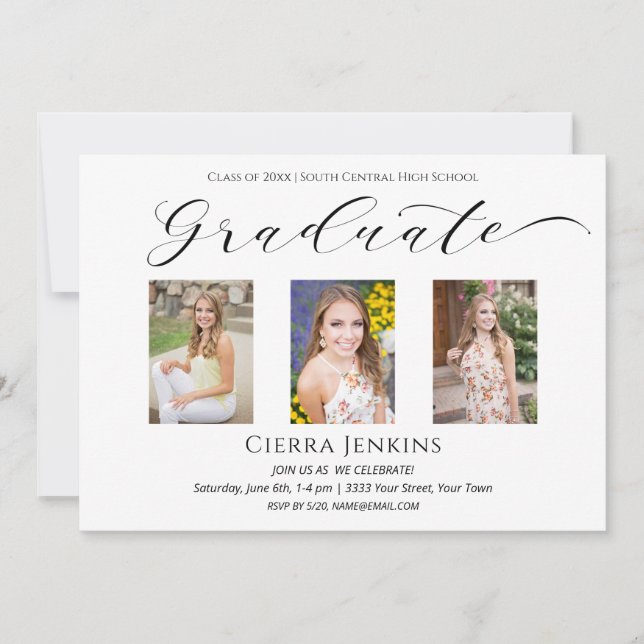 Three Photo Calligraphy White Graduation Party Inv Invitation (Front)