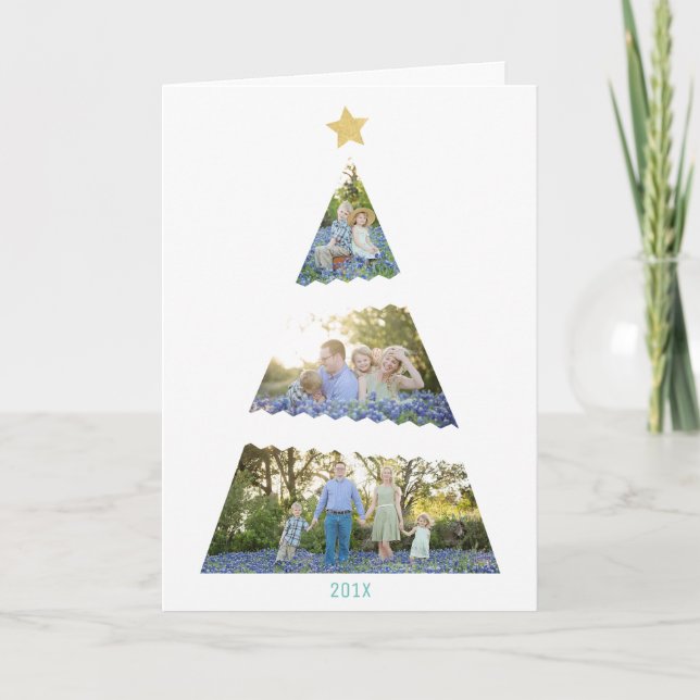 Three Photo Christmas Tree Modern Holiday Greeting (Front)