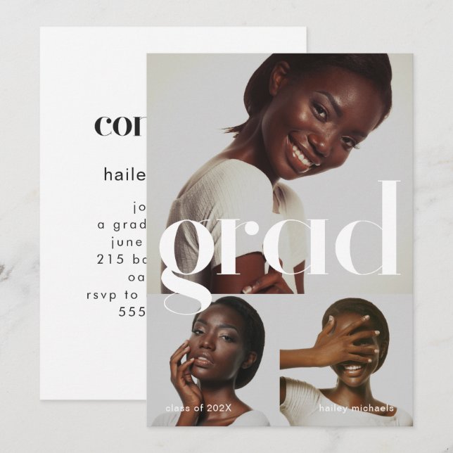 Three Photo Collage Black White Graduation Party Invitation (Front/Back)